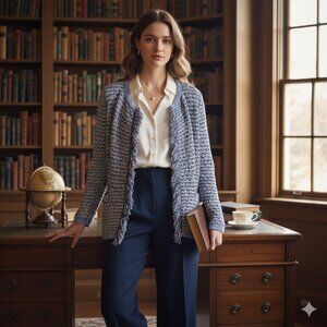 Tommy Hilfiger Women's Size Small Blue White Knit Fringe Open Preppy Cardigan